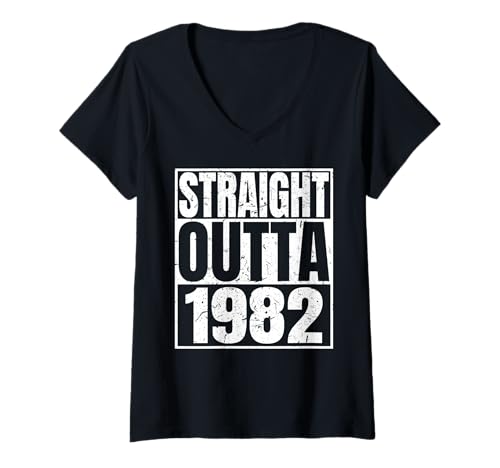 Damen Straight Outta 1982 Vintage Year Classic Birth of Birthday T-Shirt mit V-Ausschnitt von Straight Outta Vintage Birthday Retro Years Store