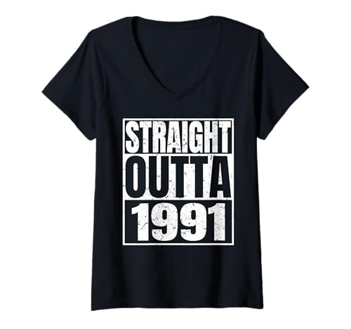 Damen Straight Outta 1991 Vintage Year Classic Birth of Birthday T-Shirt mit V-Ausschnitt von Straight Outta Vintage Birthday Retro Years Store