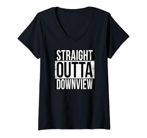 Damen GERADE Outta DOWNVIEW T-Shirt mit V-Ausschnitt von Straight Outta Words