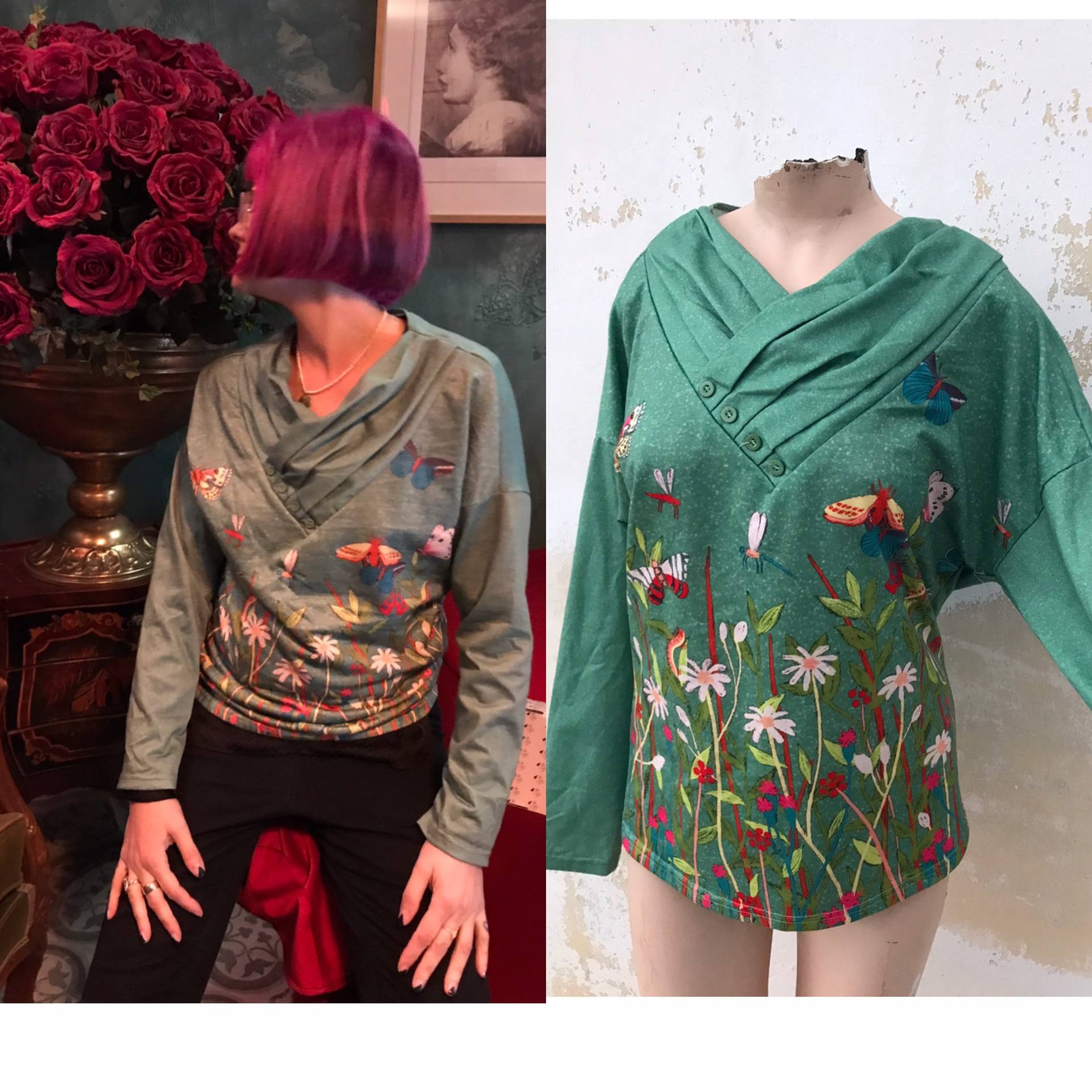 Grüne Bluse Mit Üppigen Blumendrucken Und Insekten. Verspielte Falten, V-Ausschnitt Lange Ärmel, 90Er Vintage Grüne Bluse Mit Üppigen Blumendrucken Und Insekten. Verspielte Falten, V-Ausschnitt Lange Ärmel, 90Er Vintage von Stralixa