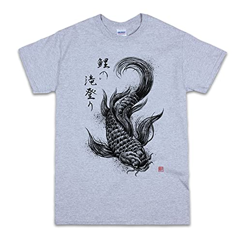 Japanisches Koi-Karpfen-T-Shirt, Holzblock, Kalligraphie-Kunst, für Herren und Damen, grau, XL von Strand Clothing