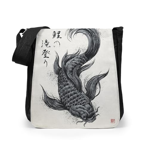 Strand Clothing Japanese Ukiyo-e Art Crossbody Printed Shoulder Reporter Bag - Koi Karpfen Fisch Dragon Gyotaku, Schwarz von Strand Clothing