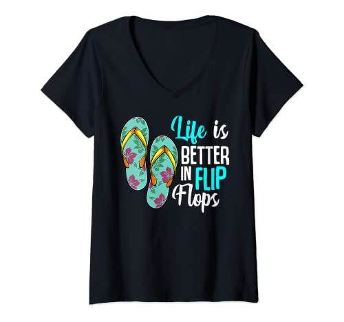 Damen Life Is Better In Flip Flops Sommer Urlaub Ferien Strand T-Shirt mit V-Ausschnitt Damen Life Is Better In Flip Flops Sommer Urlaub Ferien Strand T-Shirt mit V-Ausschnitt von Strand Sommer Urlaub Lustige Geschenkidee