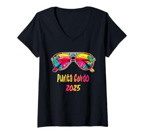Damen Punta Gordo 2025 Sonnenbrillen Outfit Punta Gordo T-Shirt mit V-Ausschnitt Damen Punta Gordo 2025 Sonnenbrillen Outfit Punta Gordo T-Shirt mit V-Ausschnitt von Strand Sommerparty -Designs