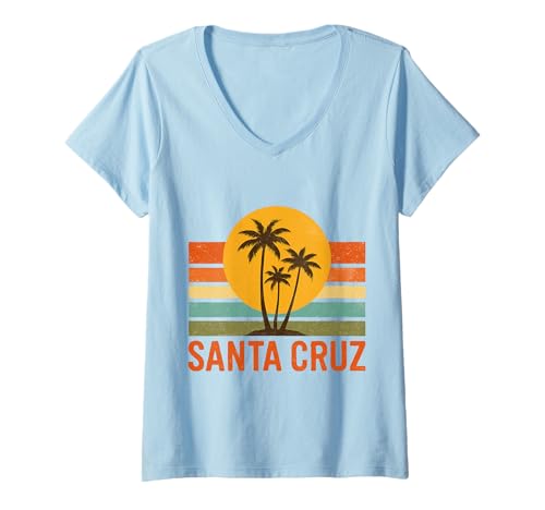 Damen Santa Cruz Palmen Retro Sonnenuntergang Vintage T-Shirt mit V-Ausschnitt von Strand & Retro Geschenkideen