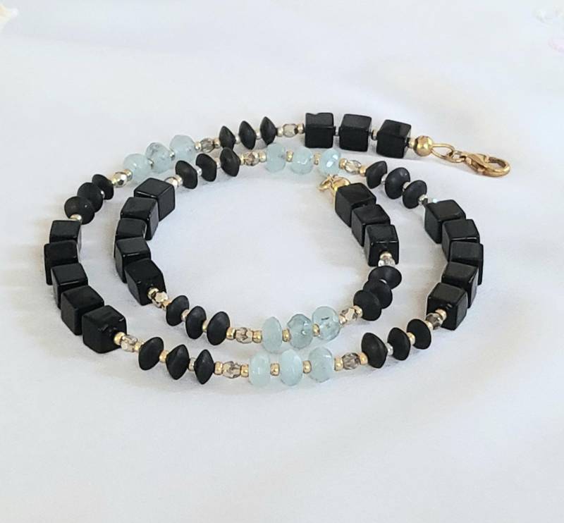 Aquamarin Onyx Kette Hochglänzend Und Matt- 925Er Sterling Silber 18Ct. Verg. - Geschenk Hochzeit von Strand7