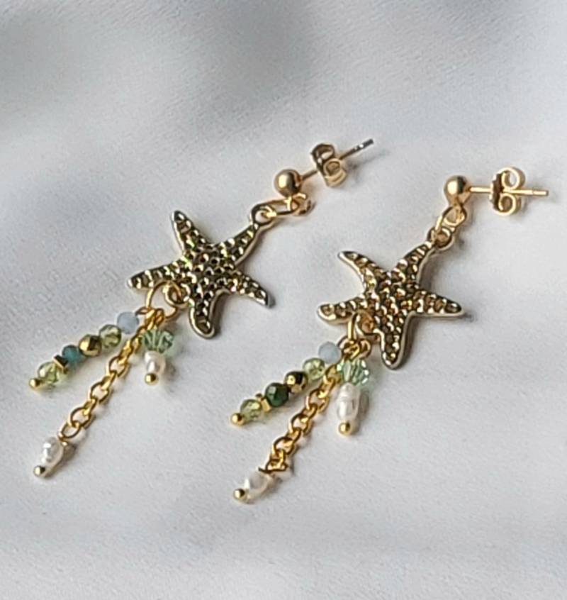 Hängeohrringe Aus Mini Süßwasserperlen Aquamarin, Peridot, Apatit, Zirkon, Seestern Und Kette 18K Vergoldeter Edelstahl Hängeohrringe Aus Mini Süßwasserperlen Aquamarin, Peridot, Apatit, Zirkon, Seestern Und Kette 18K Vergoldeter Edelstahl von Strand7