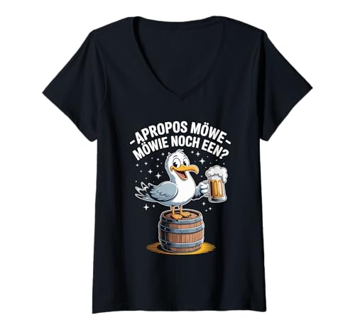 Damen Apropos Möwe Mowie Noch EEN Bierwitz T-Shirt mit V-Ausschnitt von Strandparty Möwe Bier Humor Freunde