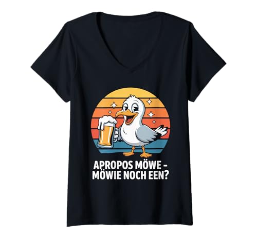 Damen Apropos Möwe Mowie Noch EEN Bierwitz T-Shirt mit V-Ausschnitt von Strandparty Möwe Bier Humor Freunde