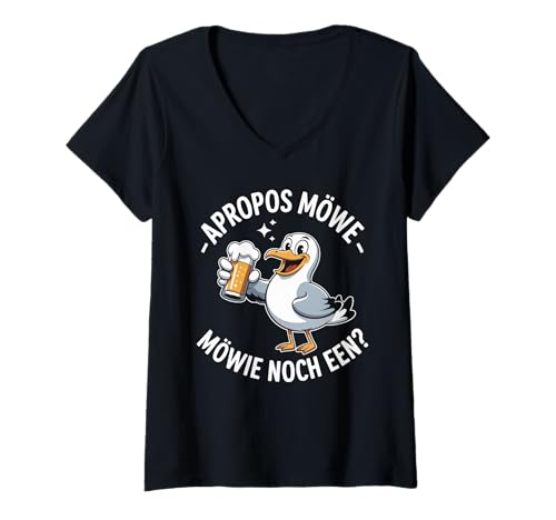 Damen Apropos Möwe Mowie Noch EEN Bierwitz T-Shirt mit V-Ausschnitt von Strandparty Möwe Bier Humor Freunde