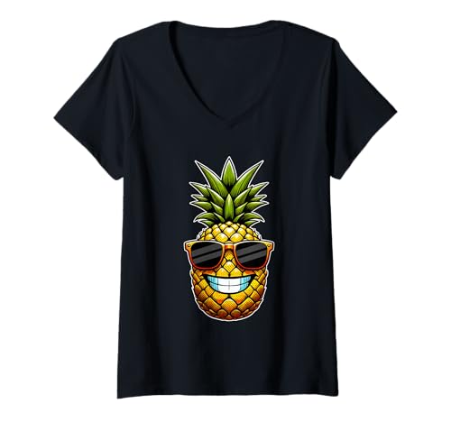 Damen Strandurlaub Gadgets Ananas Sonnenbrille Deko Strandparty T-Shirt mit V-Ausschnitt von Strandparty Zubehör und Strandurlaub Gadgets