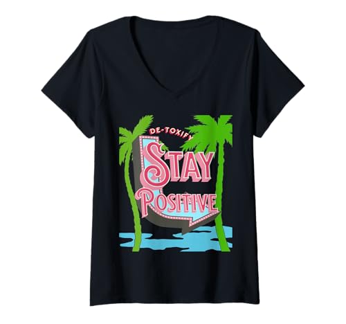 Damen Bleib Positiv Tropisches Retro Motivationszitat T-Shirt mit V-Ausschnitt Damen Bleib Positiv Tropisches Retro Motivationszitat T-Shirt mit V-Ausschnitt von Strandstimmung Palmen Positivität Inspiration