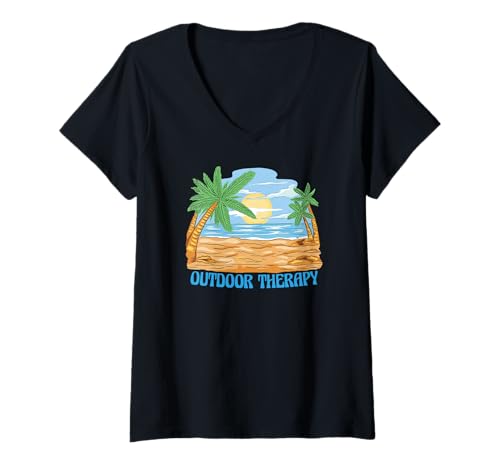 Damen Meer Palmen Strand Sommer Urlaub Wortspiel Outdoor-Therapie T-Shirt mit V-Ausschnitt Damen Meer Palmen Strand Sommer Urlaub Wortspiel Outdoor-Therapie T-Shirt mit V-Ausschnitt von Strandurlaub Sonne Palmen Meer