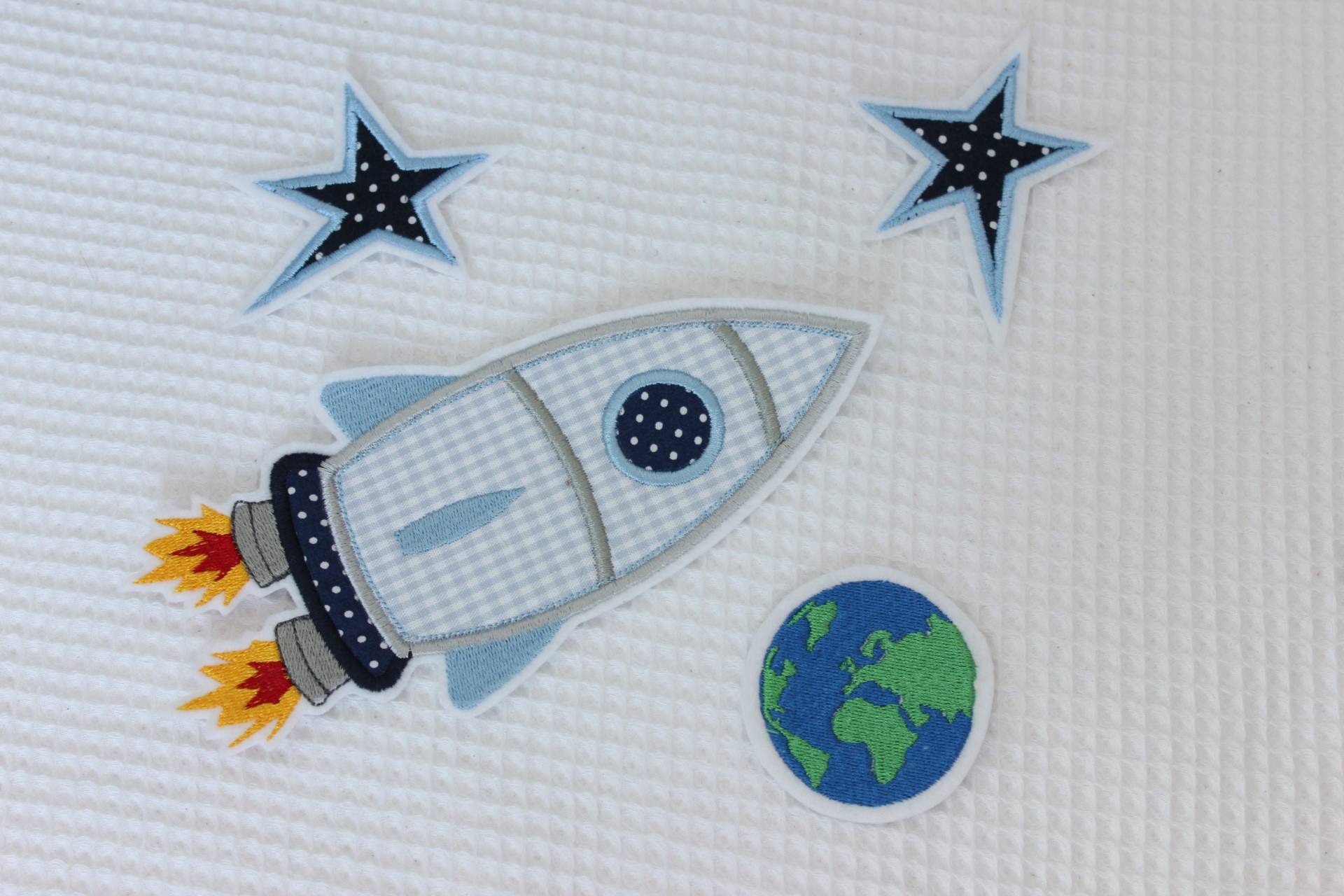 Aufnäher-Set Weltall Grau Hellblau Rakete Sterne Erde von Strandwolke