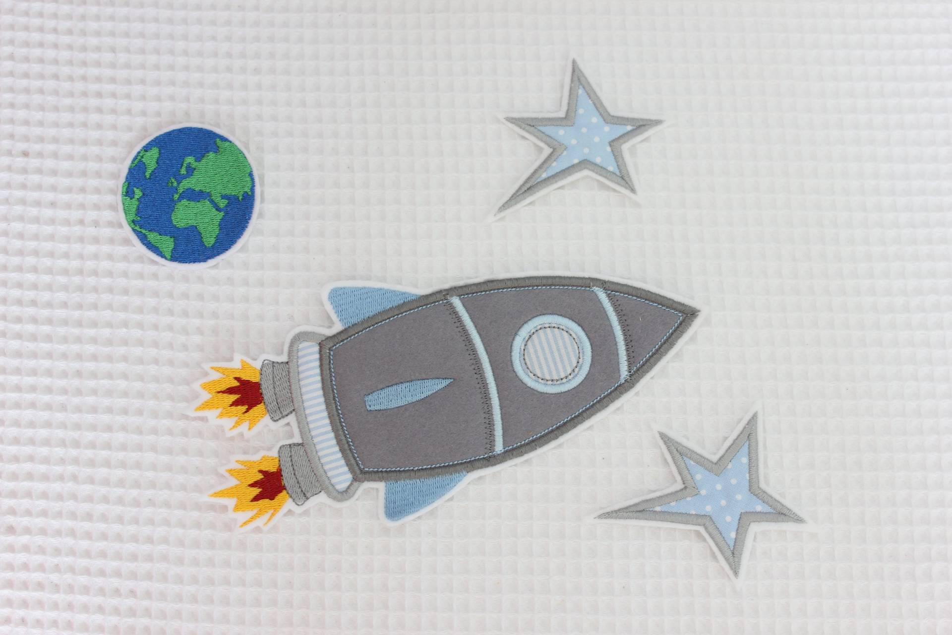 Aufnäher-Set Weltall Grau Hellblau Rakete Sterne Erde von Strandwolke