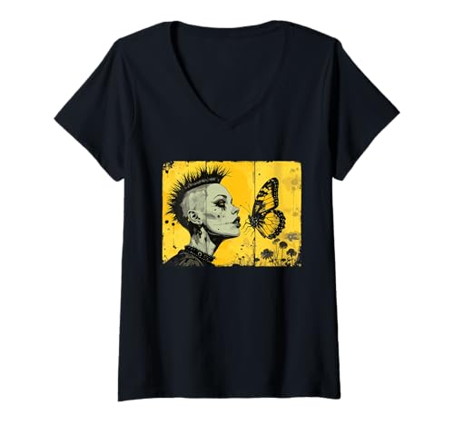 Damen Punkrock Mädchen beobachtet Schmetterling T-Shirt mit V-Ausschnitt Damen Punkrock Mädchen beobachtet Schmetterling T-Shirt mit V-Ausschnitt von Strange Punkrock love