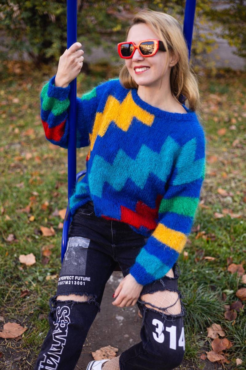 Vintage-Mohairpullover Bunter Zickzack Aus Den 80Ern von StrangeThingsShop