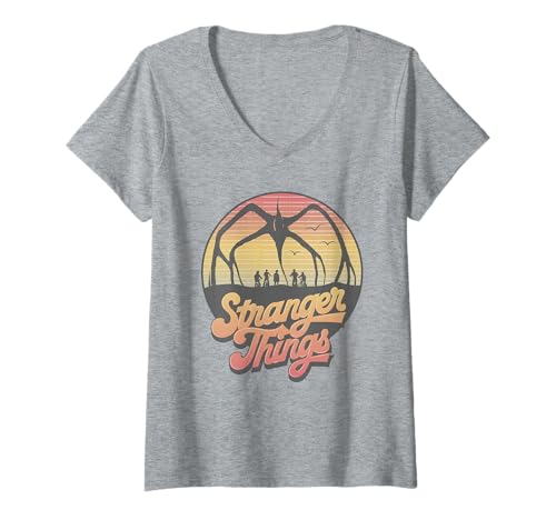 Damen Stranger Things 80's Sunset Mindflayer Group T-Shirt mit V-Ausschnitt von Stranger Things
