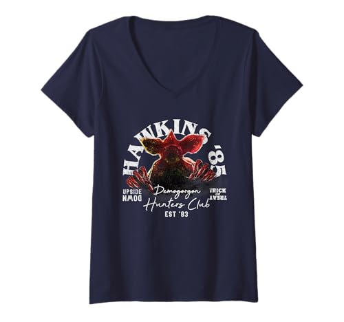 Damen Stranger Things Hawkins 85 Demogorgon Hunters T-Shirt mit V-Ausschnitt von Stranger Things