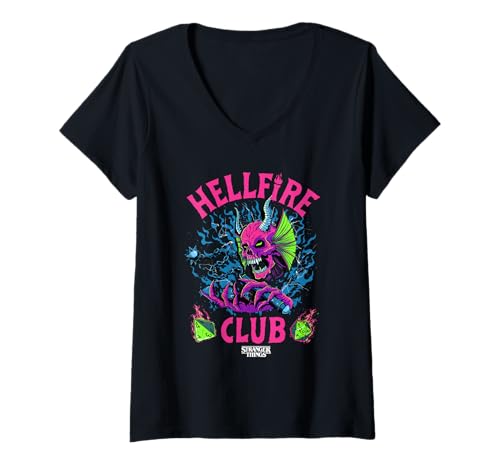 Damen Stranger Things Hellfire Neon Dice T-Shirt mit V-Ausschnitt von Stranger Things
