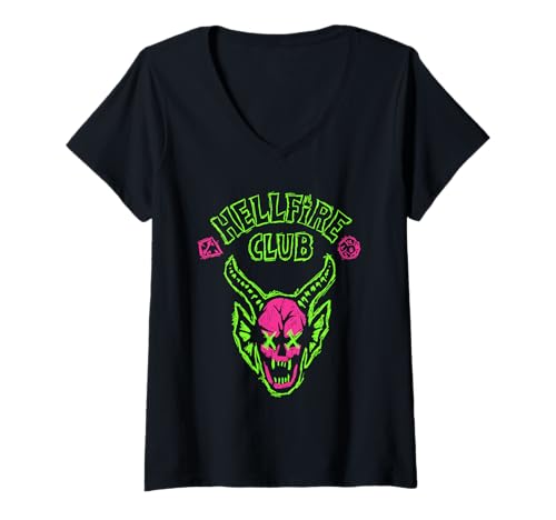 Damen Stranger Things Hellfire Neon Sketch Logo T-Shirt mit V-Ausschnitt von Stranger Things
