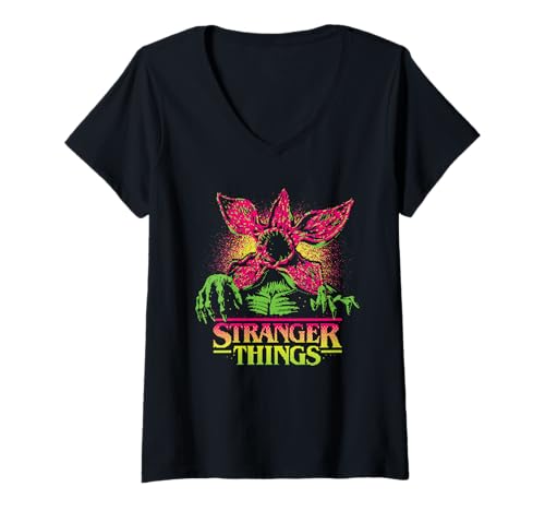 Damen Stranger Things Neon Demogorgon T-Shirt mit V-Ausschnitt von Stranger Things