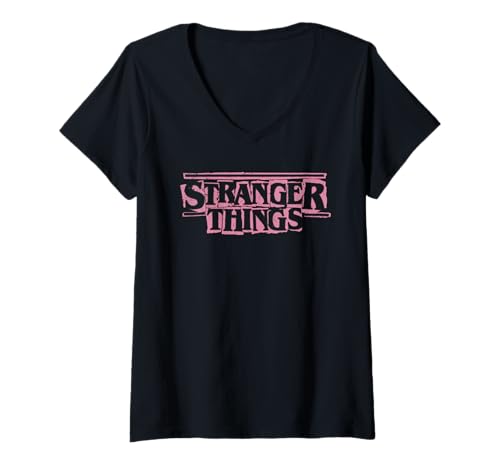 Damen Stranger Things Punk Logo Pink T-Shirt mit V-Ausschnitt von Stranger Things