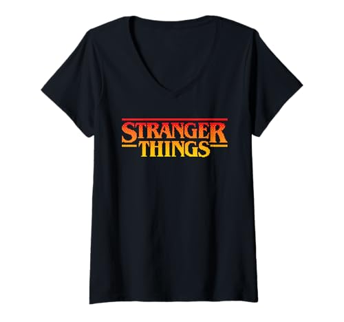Damen Stranger Things Sunset Pixel Logo T-Shirt mit V-Ausschnitt von Stranger Things