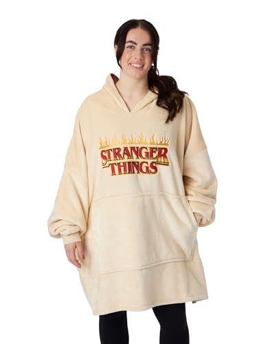 Stranger Things Erwachsene Tragbarer Decke Kapuzenpullover | Herren & Damen Oversized Creme Kapuzen-Fleece | Klassische Logo-Flamme mit bedrucktem Kapuzenfutter | Nachtwäsche Netflix Serie Merchandise von Stranger Things