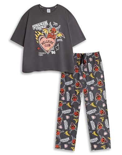 Stranger Things Hellfire Club Damen-Pyjama-Set, schwarz, kurzärmlig und lang | T-Shirt mit Grafik und Cartoon-Hose | Nachtwäsche für Fans der Serie Merch von Stranger Things