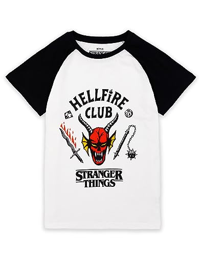 Stranger Things Hellfire Club Raglan T-Shirt for Kids | Boys Girls Hawkins Society Eddie Black & White Outfit | Season 4 Merchandise 9-10 Jahre von Stranger Things