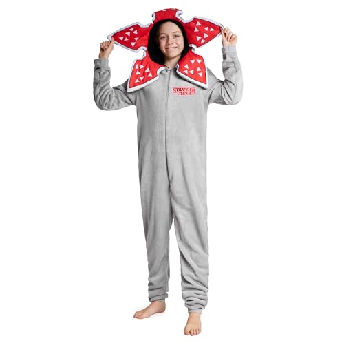 Stranger Things Onesie Kinder von 9-15 Jahren - Einteiler Mädchen Mit Sherpa-gefütterter Kapuze, Onesie für Teenagers (Grau, 13-14 Jahre) von Stranger Things