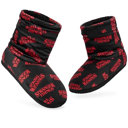 Stranger Things Winter Hausschuhe Damen - Rutschfester, Reißverschluss, Größe 34-41- Flauschige Bootie Hausschuhe (Schwarz/Rot, 36-37 EU) von Stranger Things