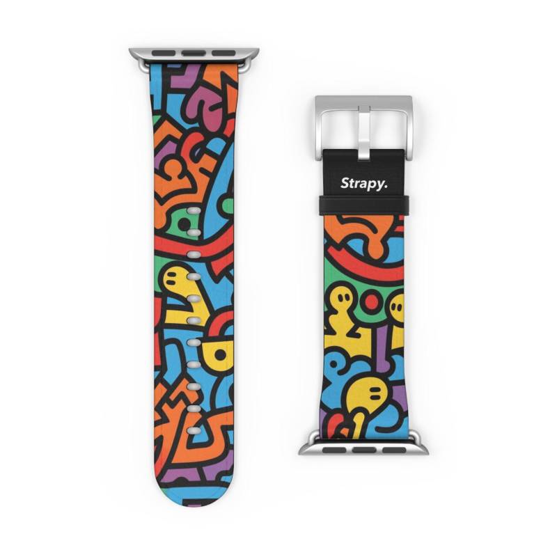 Abstraktes Regenbogen Glück Mutig Geometrisch Keith Haring Style Line Muster Apple Watch Lederarmband von StrapyMade