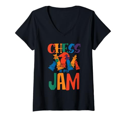 Damen Chess Is My Jam Buntes Design T-Shirt mit V-Ausschnitt Damen Chess Is My Jam Buntes Design T-Shirt mit V-Ausschnitt von Strategic Chess Enthusiast Humor Board Game