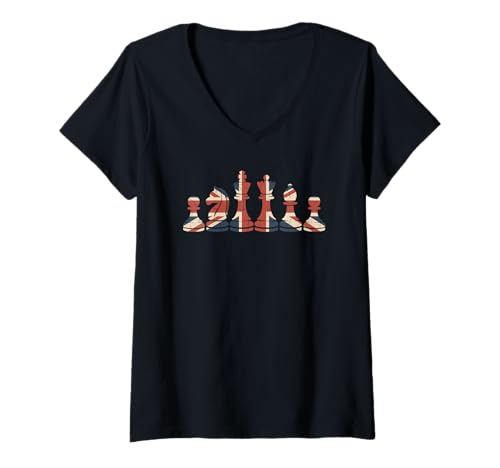 Damen Britische Flagge, Schachfiguren, patriotischer Schachspieler, britischer Stolz T-Shirt mit V-Ausschnitt Damen Britische Flagge, Schachfiguren, patriotischer Schachspieler, britischer Stolz T-Shirt mit V-Ausschnitt von Strategic Chess Player Apparel Co.