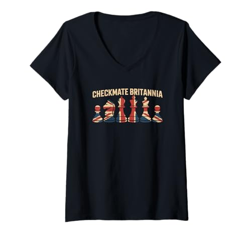 Damen Checkmate Britannia British Flag Schachfiguren Schachspieler T-Shirt mit V-Ausschnitt Damen Checkmate Britannia British Flag Schachfiguren Schachspieler T-Shirt mit V-Ausschnitt von Strategic Chess Player Apparel Co.