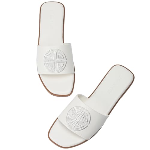 Stratuxx Kaze Sandalen Damen Sommer Bequem Pantoletten mit Niedrigem Absatz Leder Slides Elegante weiß Flache Sandalen von Stratuxx Kaze