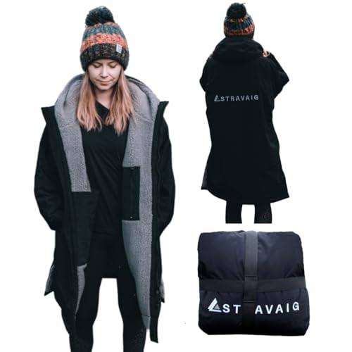 Wasserdichter Wickelmantel für Erwachsene, superweiches Fleecefutter, winddicht, wasserdicht bis 10.000 mm, übergroßer Mantel zum Umziehen, Schwimmen und Wassersport, mit Kompressionsriemen, Schwarz von Stravaig