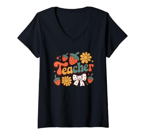 Damen Lehrer Erdbeeren Blumen Wertschätzung T-Shirt mit V-Ausschnitt von Strawberries Flowers Teacher Appreciation