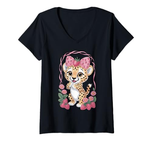 Damen Gepard Erdbeere Kokette Schleife Geburtstag Mädchen Kinder Leopard T-Shirt mit V-Ausschnitt Damen Gepard Erdbeere Kokette Schleife Geburtstag Mädchen Kinder Leopard T-Shirt mit V-Ausschnitt von Strawberry Coquette Cheetah Tees NYC