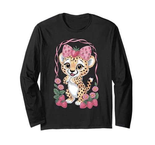 Gepard Erdbeere Kokette Schleife Geburtstag Mädchen Kinder Leopard Langarmshirt Gepard Erdbeere Kokette Schleife Geburtstag Mädchen Kinder Leopard Langarmshirt von Strawberry Coquette Cheetah Tees NYC