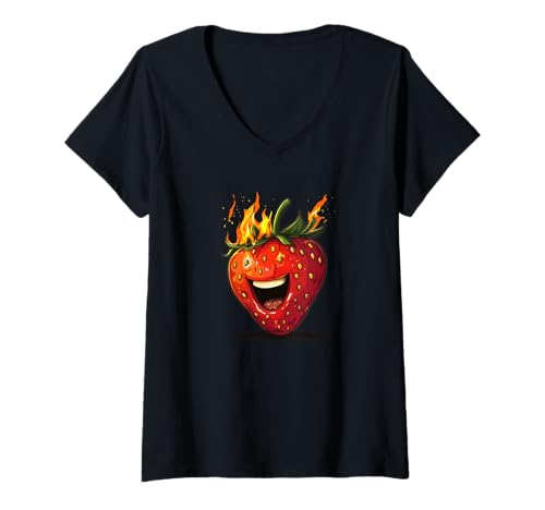Damen Lustiges Erdbeer-Kostüm mit Feuer und Flammen T-Shirt mit V-Ausschnitt Damen Lustiges Erdbeer-Kostüm mit Feuer und Flammen T-Shirt mit V-Ausschnitt von Strawberry Flames Outfit