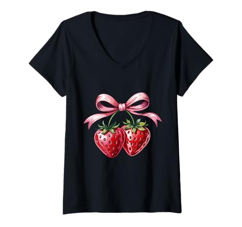 Damen Erdbeer-Kokettschleife T-Shirt mit V-Ausschnitt von Strawberry Fruit Lover