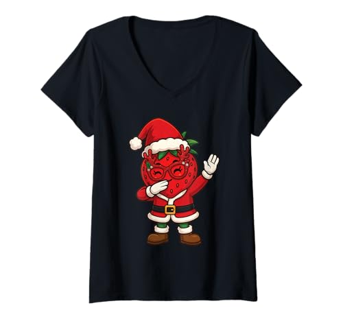 Damen Erdbeer-Weihnachten T-Shirt mit V-Ausschnitt Damen Erdbeer-Weihnachten T-Shirt mit V-Ausschnitt von Strawberry Fruit