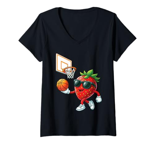 Damen Erdbeere spielt Basketball T-Shirt mit V-Ausschnitt Damen Erdbeere spielt Basketball T-Shirt mit V-Ausschnitt von Strawberry Fruit