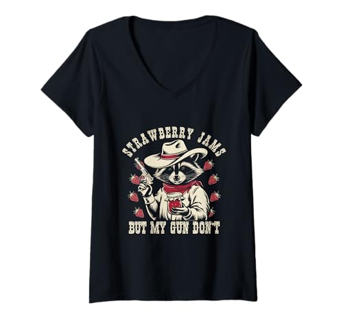 Damen Strawberry Jam But My-Gun Don't Raccoon Feral Silly Unhinged T-Shirt mit V-Ausschnitt Damen Strawberry Jam But My-Gun Don't Raccoon Feral Silly Unhinged T-Shirt mit V-Ausschnitt von Strawberry Jam But My-Gun Dont Raccoon Feral 6