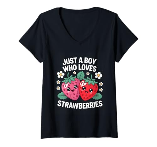 Damen Just A Boy Who Loves Strawberries Fun T-Shirt mit V-Ausschnitt Damen Just A Boy Who Loves Strawberries Fun T-Shirt mit V-Ausschnitt von Strawberry Lovers Cute Fruit Designs