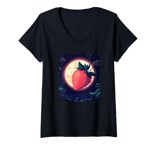 Damen Lustiges Erdbeernacht mit Mond Kostüm T-Shirt mit V-Ausschnitt Damen Lustiges Erdbeernacht mit Mond Kostüm T-Shirt mit V-Ausschnitt von Strawberry Moon Outfit