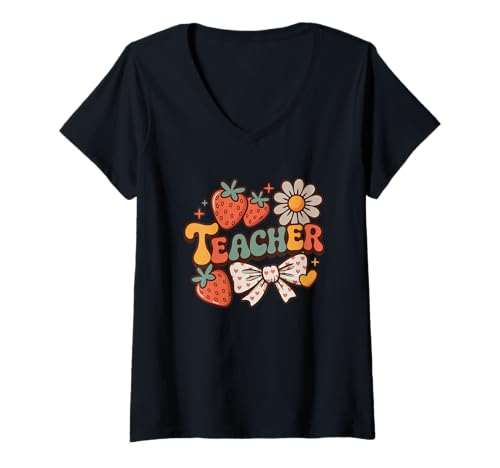 Damen Teacher Herz-Schleife mit Erdbeermotiv T-Shirt mit V-Ausschnitt Damen Teacher Herz-Schleife mit Erdbeermotiv T-Shirt mit V-Ausschnitt von Strawberry Teacher Appreciation Floral